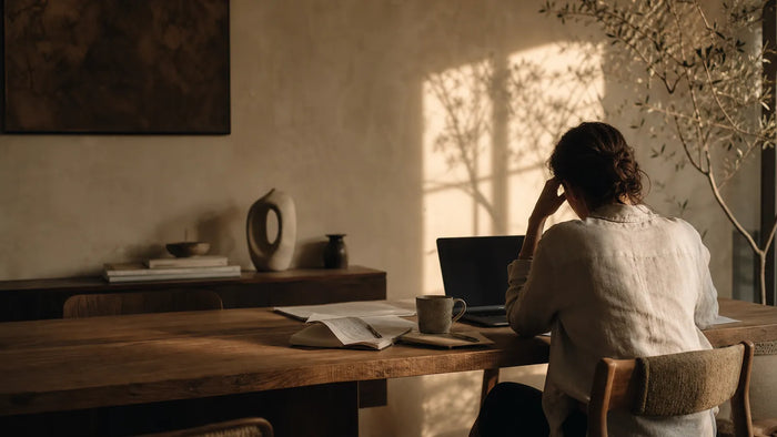 Woman finishing a remote workday at a dining table in warm evening light